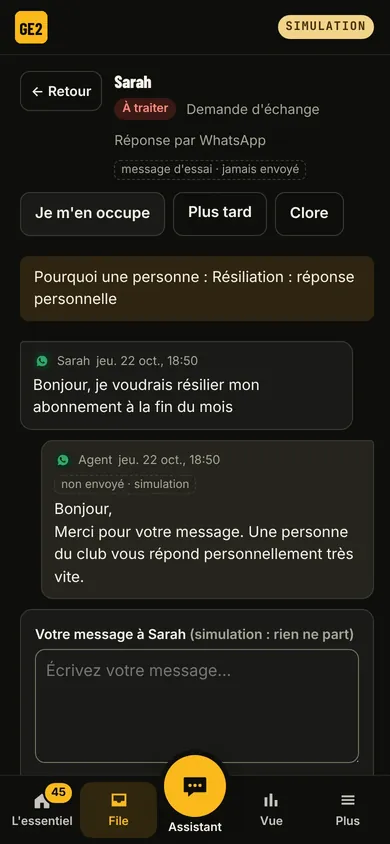 Real screen: a cancellation request received on WhatsApp, handed to the team with the reason shown.